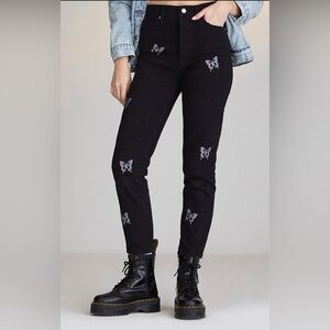 PACSUN Butterfly Rhinestone Ultra High Waist Slim Fit Jeans in Black